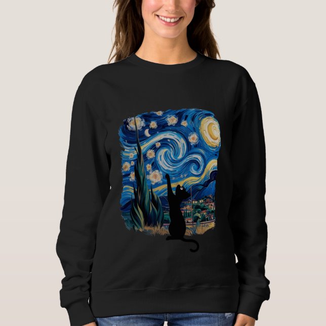 Adorable Kawaii Black Cat Reaching for Stars in a  Sweatshirt (Front)