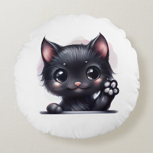 Adorable Kawaii Black Cat Round Pillow (Front)