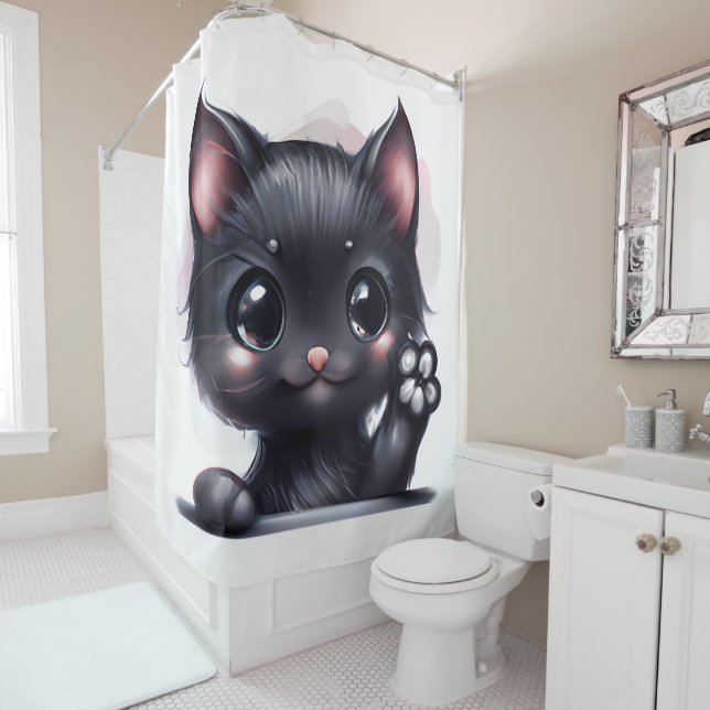 Adorable Kawaii Black Cat Shower Curtain (In Situ)