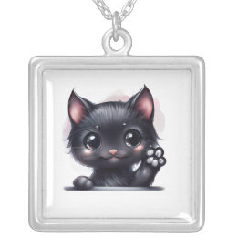 Adorable Kawaii Black Cat Silver Plated Necklace