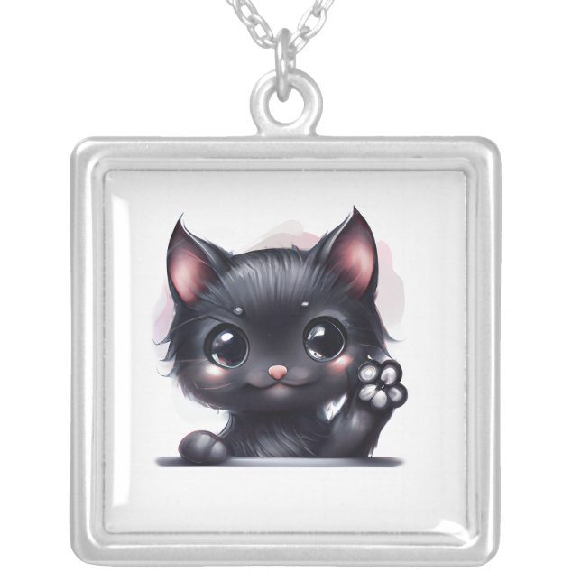 Adorable Kawaii Black Cat Silver Plated Necklace (Front)
