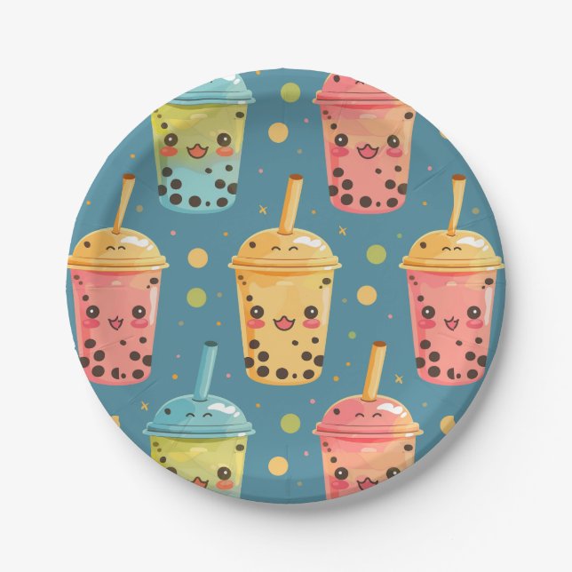 Adorable Kawaii Boba Drink Design Paper Plates (Front)