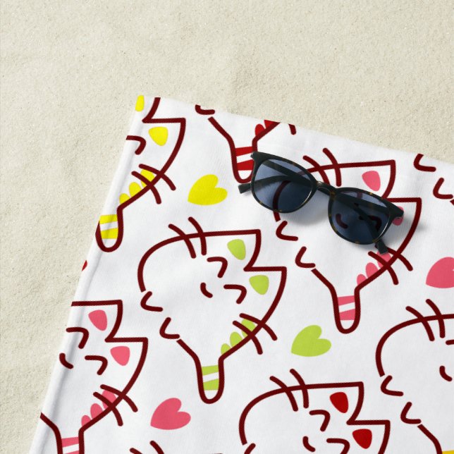 Adorable Kawaii Cats and Hearts Pattern Beach Towel (In Situ)