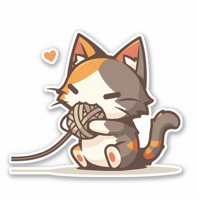 Adorable Kawaii Chibi Calico Cat Playing with Yarn Sticker (Front)