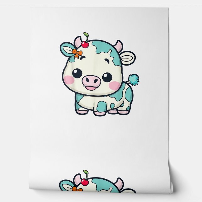 Adorable Kawaii Cow with Cherry and Bow Design _2 Wallpaper (Unrolling)