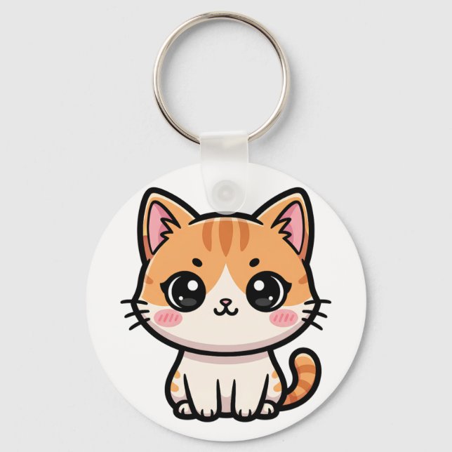 Adorable Kawaii Ginger Cat Illustration Keychain (Front)