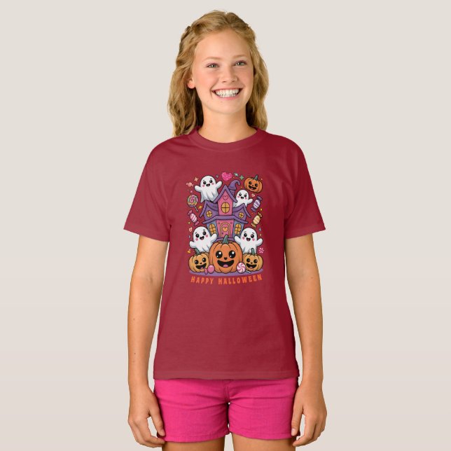 Adorable Kawaii Halloween | Happy Ghost & Pumpkins T-Shirt (Front Full)