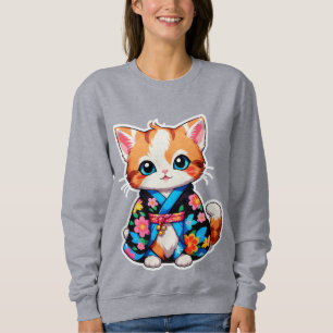 Adorable Kawaii Kitten in Colorful Floral Kimono Sweatshirt