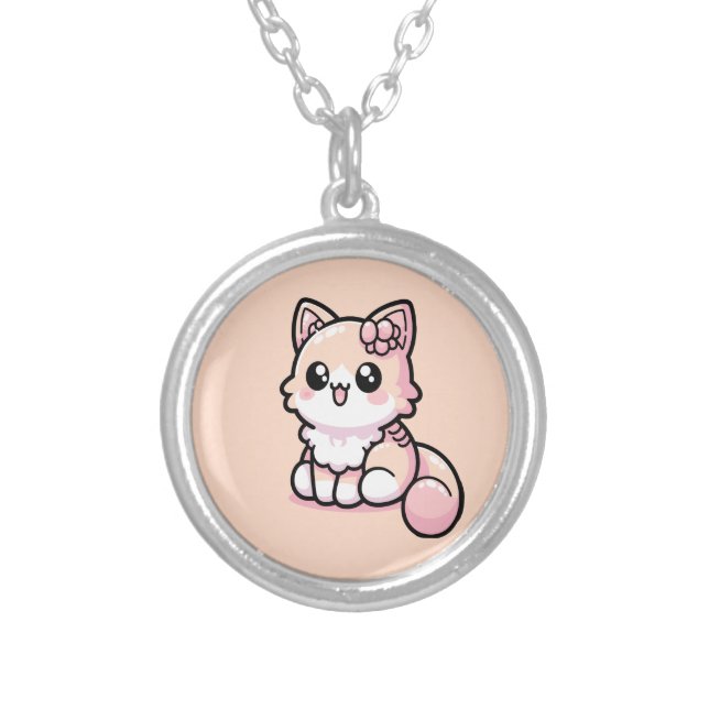 Adorable Kawaii Kitty Silver Plated Necklace (Front)