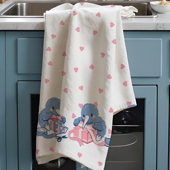 Adorable kawaii Kiwi love bird Valentine Cute Pink Kitchen Towel (Kawaii kiwi birds wrap gifts amid pink hearts on this adorable Valentine’s kitchen towel.)