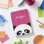 Adorable Kawaii Panda Bear Face Pink Personalized iPad Pro Cover<br><div class="desc">Adorable Kawaii Panda Bear Face Pink Personalized iPad Cover. Edit to change font style,  color or background color. Dark pink background with cursive font to personalize. Fun kawaii panda bear face. www.SamAnnDesigns.com</div>