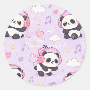 Adorable Kawaii Panda Love Music Design Classic Round Sticker