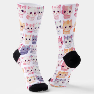 Adorable Kawaii Pastel Chibi Kitten Pattern Socks