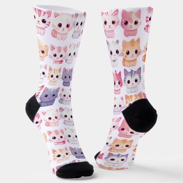 Adorable Kawaii Pastel Chibi Kitten Pattern Socks (Angled)