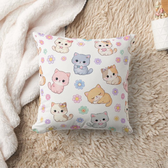 Adorable Kawaii Pastel Kitten and Floral Pattern  Throw Pillow (Blanket)