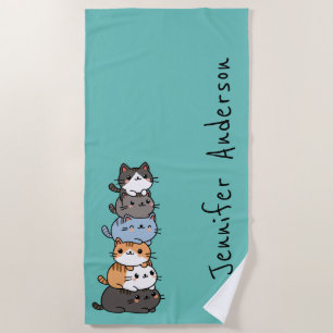 Adorable Kawaii Stack Of Kitty Cats Personalized Beach Towel