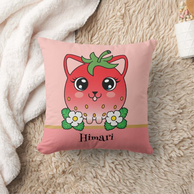 Adorable Kawaii Strawberry Cat Throw Pillow (Blanket)