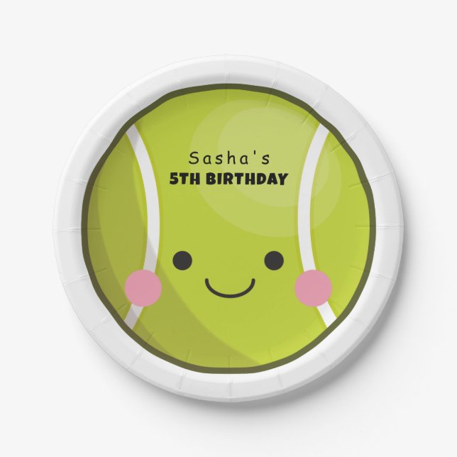 Adorable Kawaii Tennis Ball Custom Name Cute Sport Paper Plates (Front)