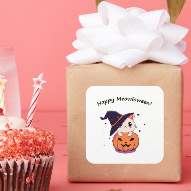 Adorable Kawaii Witch Cat in Halloween Pumpkin Square Sticker (Party)