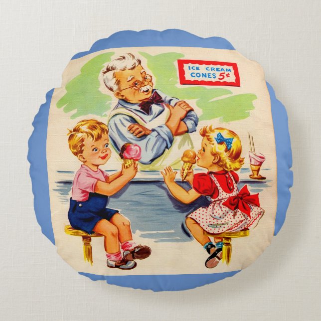 adorable kids at the soda fountain round pillow (Front)