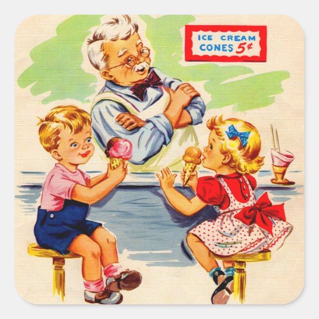 adorable kids at the soda fountain square sticker (Front)