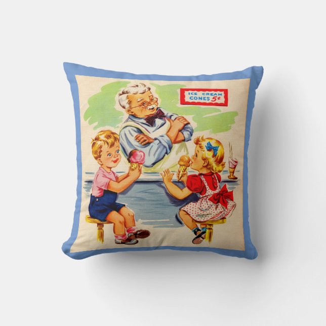 adorable kids at the soda fountain throw pillow (Front)
