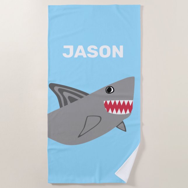 Adorable Kids Gray Shark Blue Boys Fish Beach Towel (Front)
