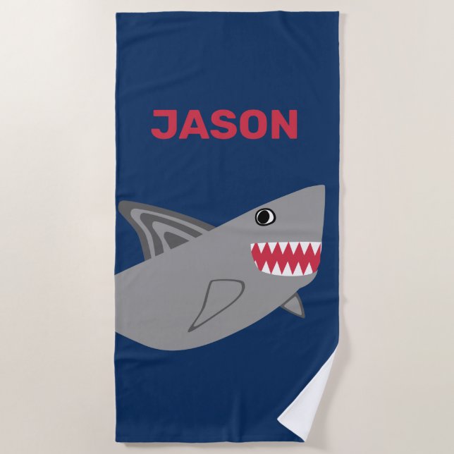 Adorable Kids Gray Shark Blue Boys Fish Beach Towel (Front)