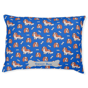 Adorable King Cavalier Paws Bones Blue Pet Design Bed