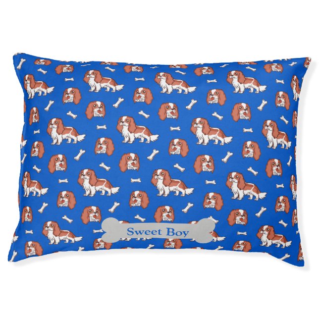 Adorable King Cavalier Paws Bones Blue Pet Design Bed (Front)