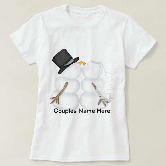 Adorable Kissing Snowman Couple T-Shirt (Design Front)
