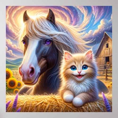 Adorable Kitten and Black Horse on Sunflower Farm Poster