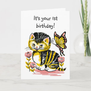 Adorable Kitten and Butterfly First Birthday Card