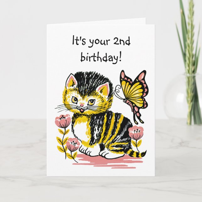 Adorable Kitten and Butterfly Second Birthday Card (Front)