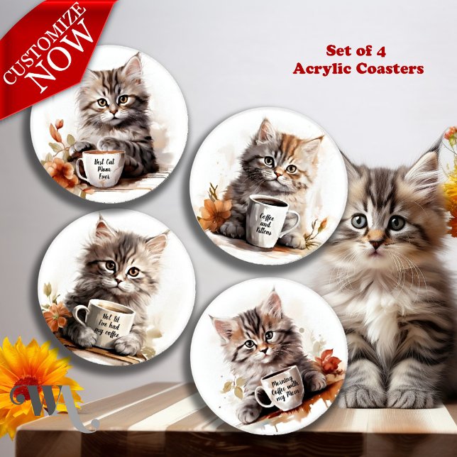 Adorable Kitten and Coffee Coaster Set (Text on each coaster is customizable )