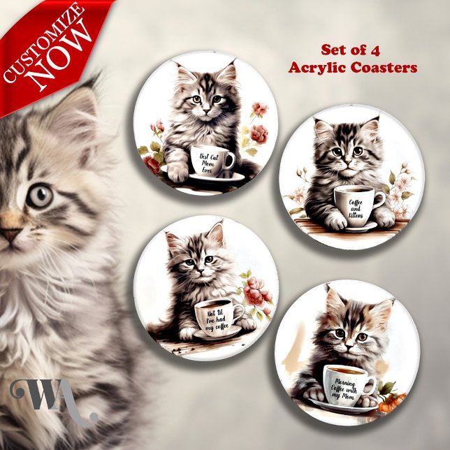 Adorable Kitten and Coffee Coaster Set (Text on each of the 4 coasters is customizable)