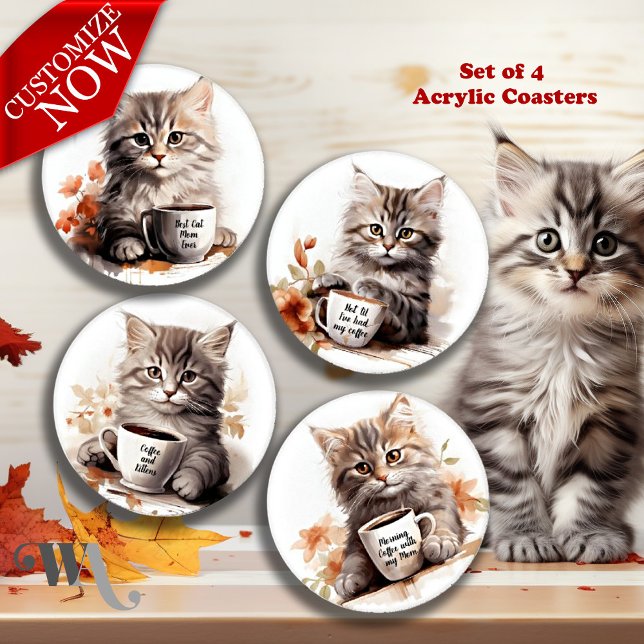 Adorable Kitten and Coffee Coaster Set (Text on each coaster is customizable)