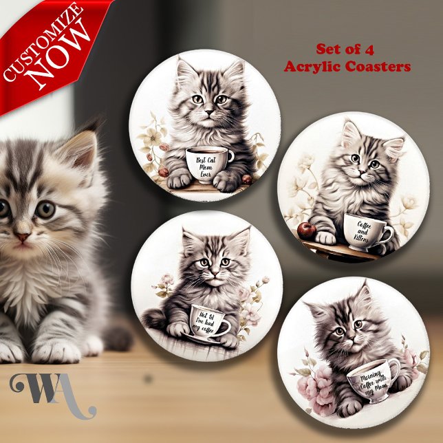 Adorable Kitten and Coffee Coaster Set (Text on each coaster is customizable )