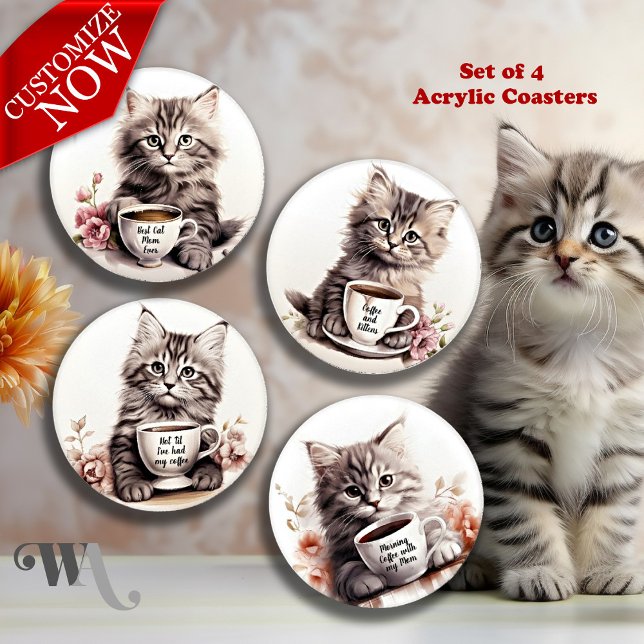 Adorable Kitten and Coffee Coaster Set (Text on each coaster is customizable )