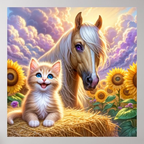 Adorable Kitten and Horse With Sunflowers Poster