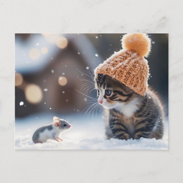 Adorable kitten and mouse in the snow together postcard (Front)