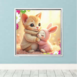 Adorable kitten and tiny baby bunny,  canvas print