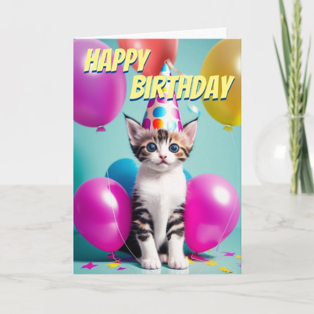 Adorable Kitten Birthday Balloons Celebration Card (Front)