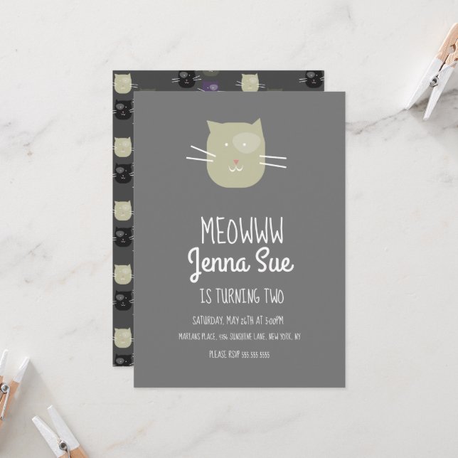 Adorable Kitten Birthday Party Gray Cat Invitation (Front/Back In Situ)