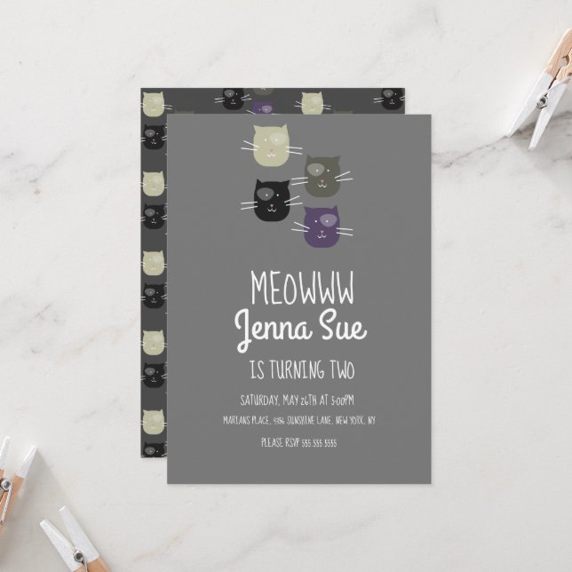 Adorable Kitten Birthday Party Gray Cat Invitation (Front/Back In Situ)