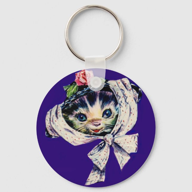 adorable kitten cat in a kitten cat hat keychain (Front)