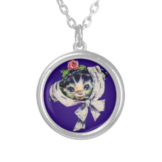 adorable kitten cat in a kitten cat hat silver plated necklace