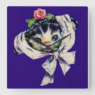adorable kitten cat in a kitten cat hat square wall clock