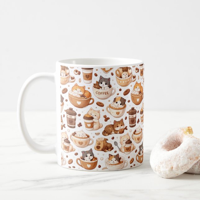 Adorable Kitten & Coffee Pattern Mug  (With Donut)