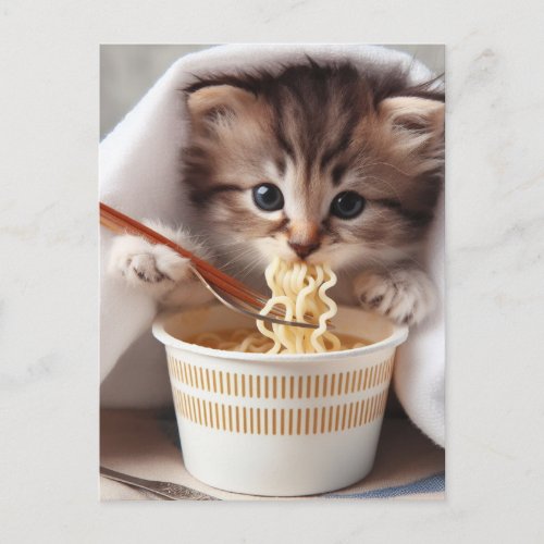 Adorable  Kitten Eating Ramen Noodles Postcard